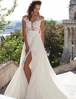see through applique white lace bodice short sleeves wedding dress sexy front slit bridal gowns vestido de casamento