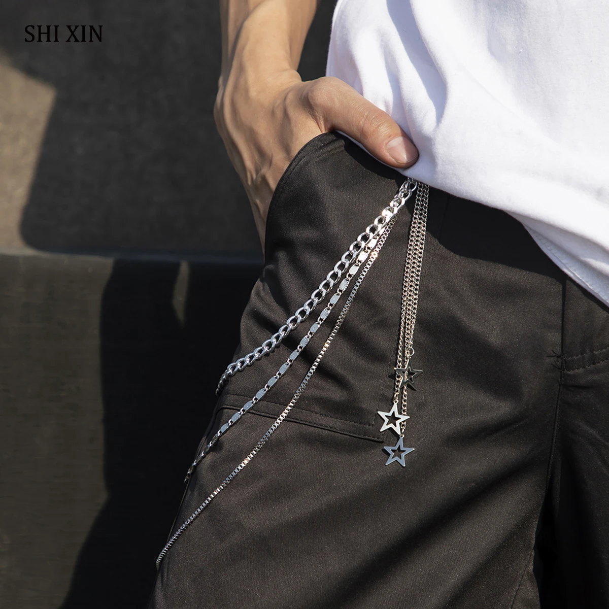 

SHIXIN Hip Hop 3 Layered Trousers Chain Keychain for Women Men Pants Thin Chains with Star Pendant Waist Key Chain Rock Jewelry