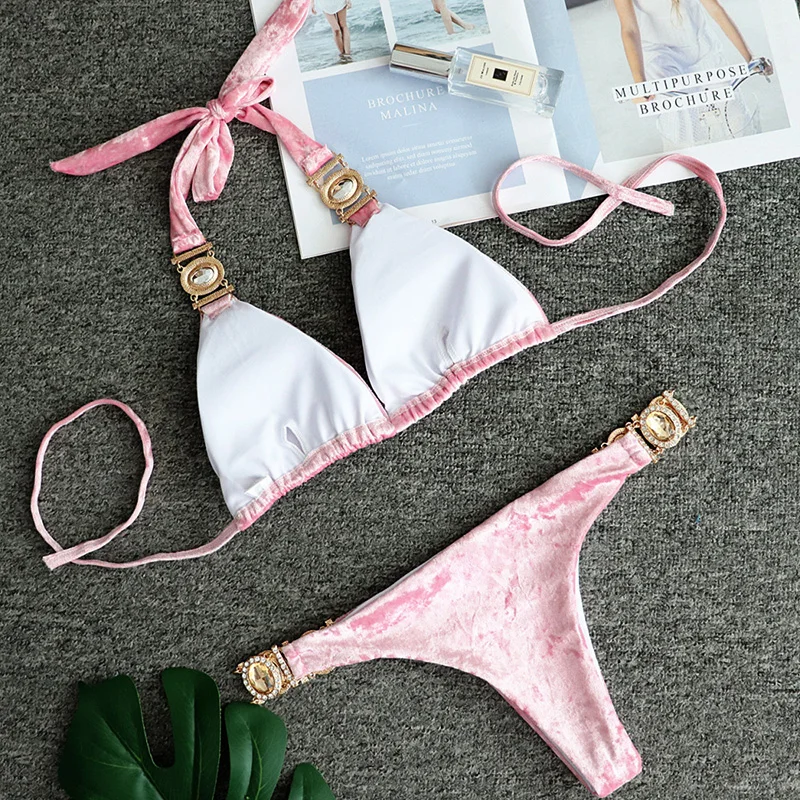 

Sexy Crystal Diamond Velvet Bikini 2020 Women Bandage Swimsuit Female Brazilian Swimwear Thong Bikini set Halter Bathing Suit