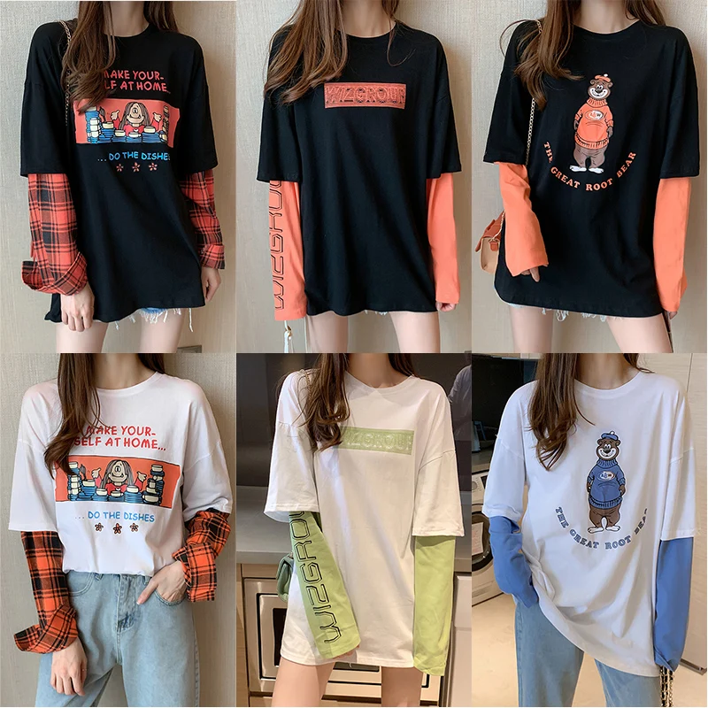 

2021 New Fashion Fake two Women T-shirt Spring Long sleeve O neck Cotton tshirt Fine Cartoon Print Female Top tees