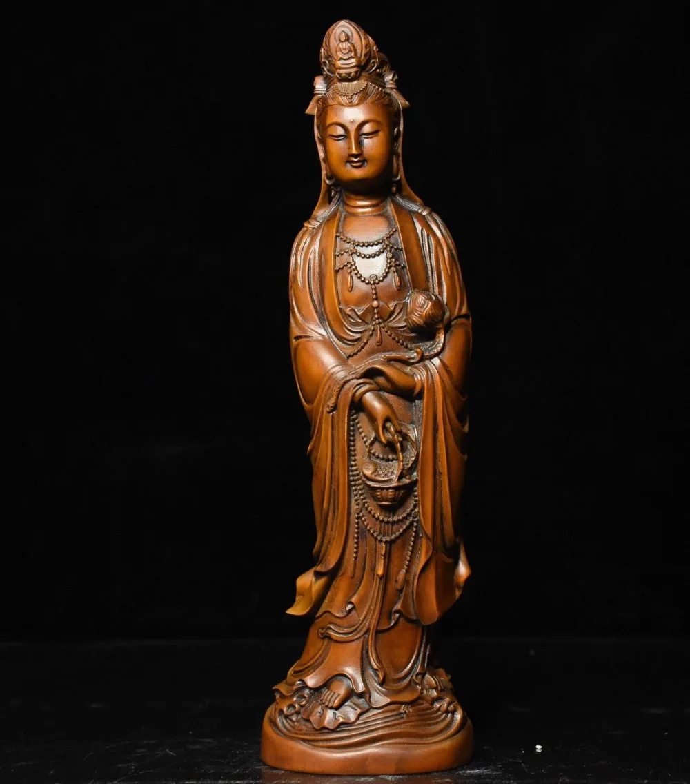 

Crafts statue 9" Chinese Buddhism Boxwood Wood exquisite carve Guan Yin Kwan-yin Buddha Statue