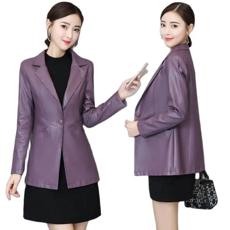 Chaqueta de cuero sintético de talla grande para mujer, chaqueta de piel sintética importada, traje de cuero morado, OL, 2021