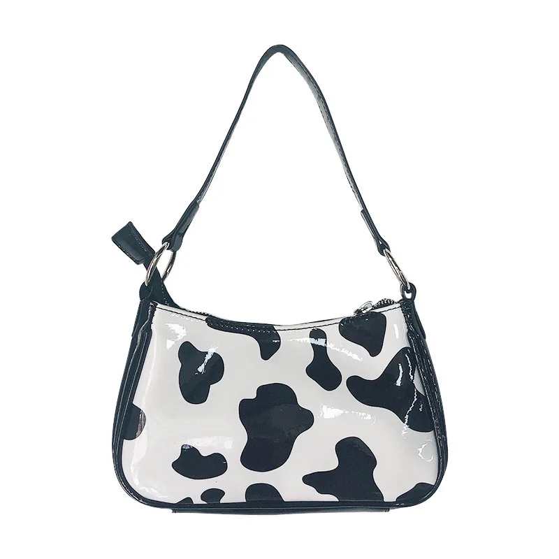 

Vintage harajuku PU leather baguette bag kawaii cute sweet cow pattern spot handbag mini underarm bag axillary pouch