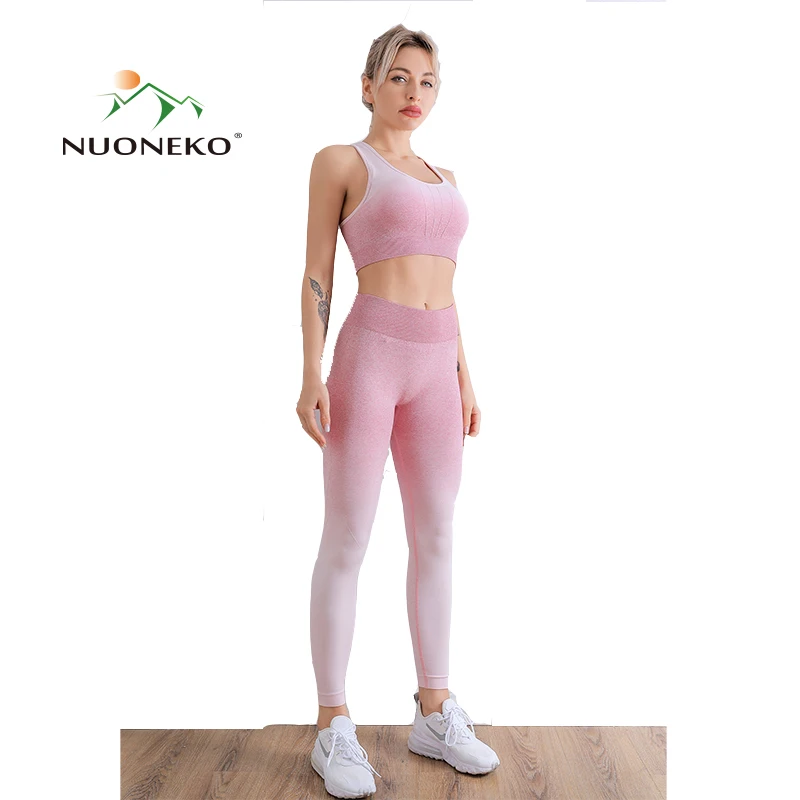 

NUONEKO Summer Women Yoga Set Two Pieces Workout Gym Clothes Sports Bra Seamless Leggings Running Fitness Woman Tracksuit NT025