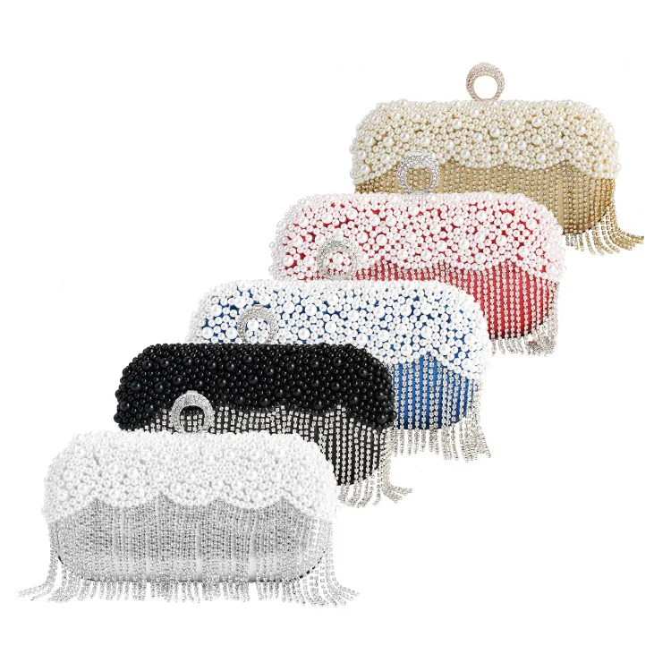 

Luxury Crystal Handmade Pearl Women Clutch Bag Diamonds Bead Chain Shoulder Handbags Tassel Rhinestones Small Purse Evening Bag