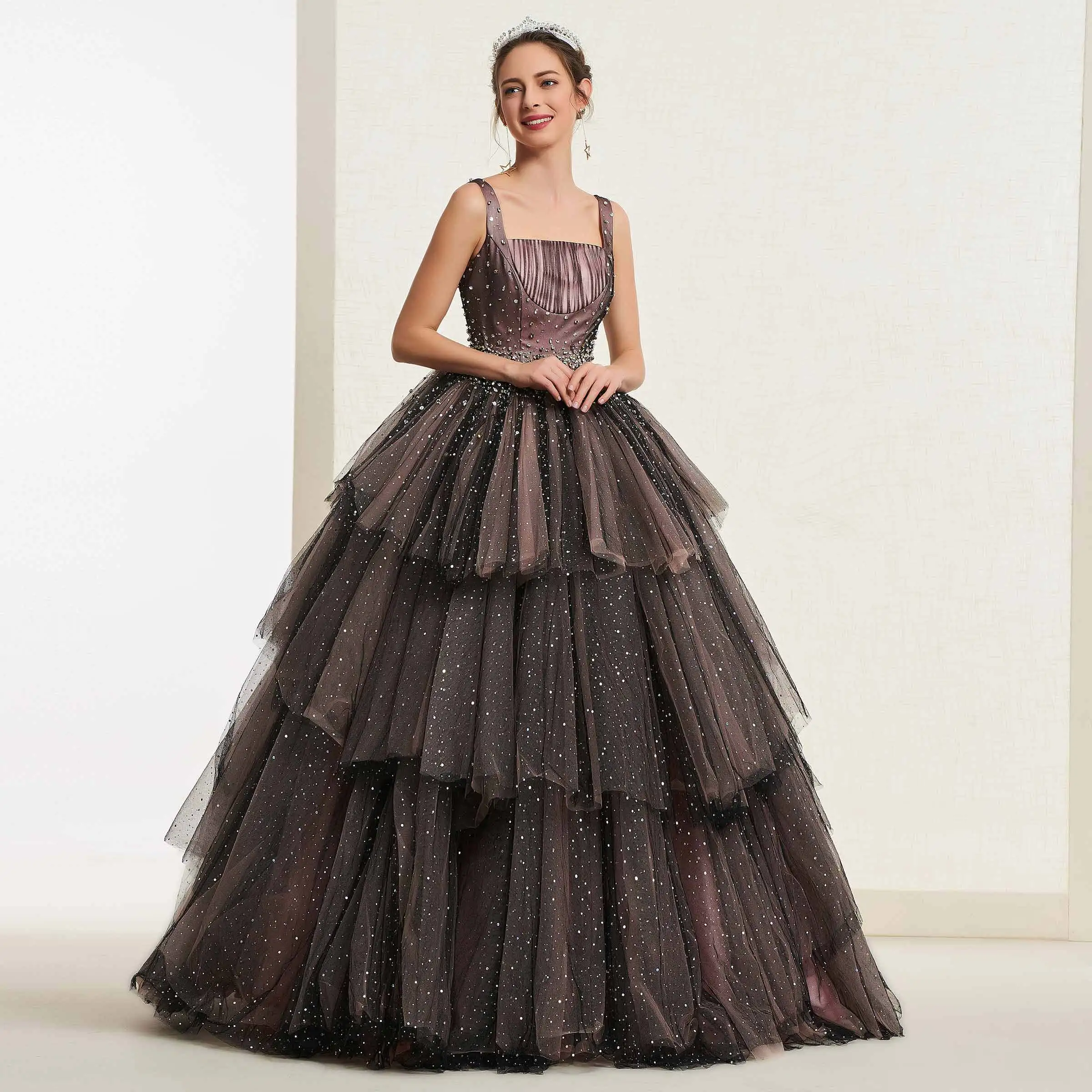 

Tanpell Black Ball Gown Quinceanera Dress Beading Tiered Square Sleeveless Floor-Length Christmas Sweet 16 Quinceanera Dress