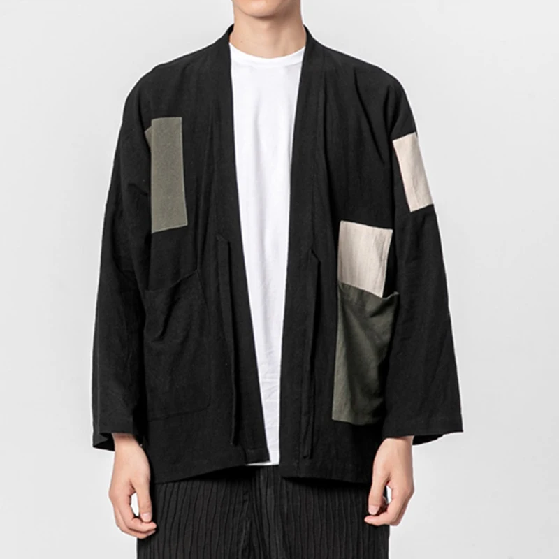 

Japan Style Men Haori Patched Design Open Placket Kimono Jacket 2021 Spring Summer Drop Shoulder Male Thin Coat