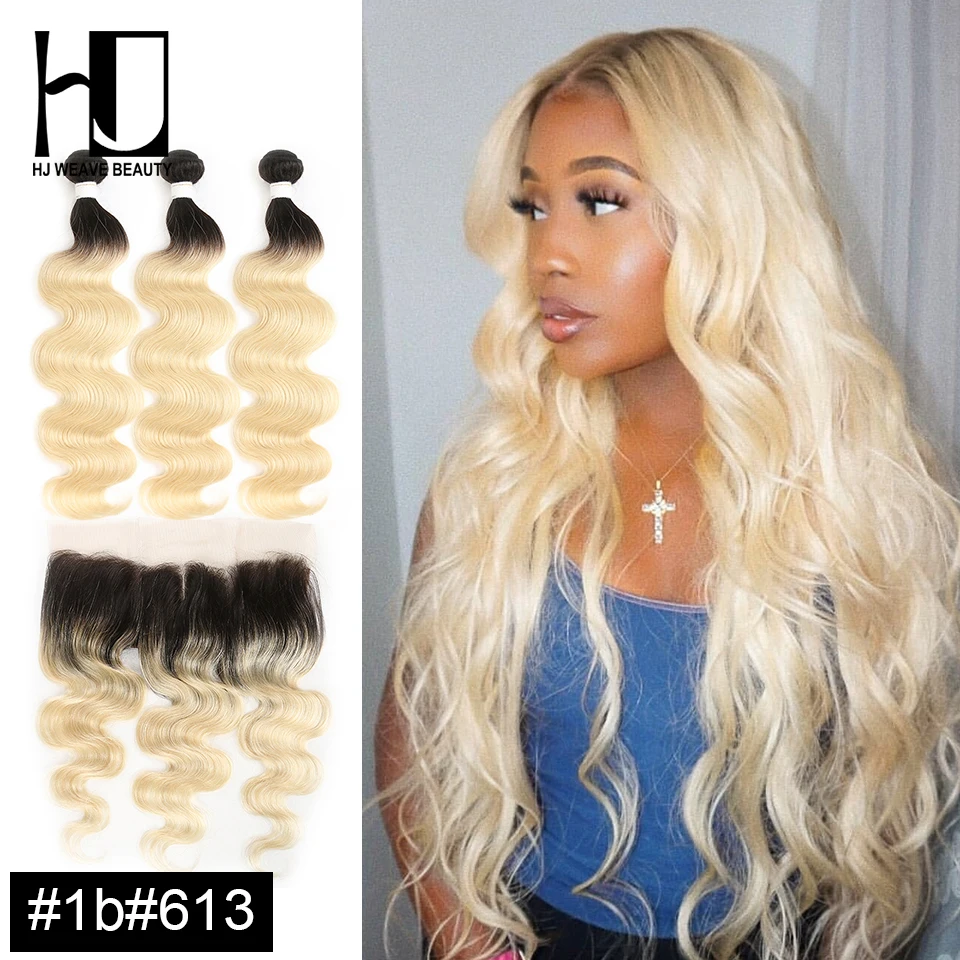 HJ волнистые Красивые перуанские волосы 613 блонд пучок с фронтальной 1b 613/ 27/30 пучки