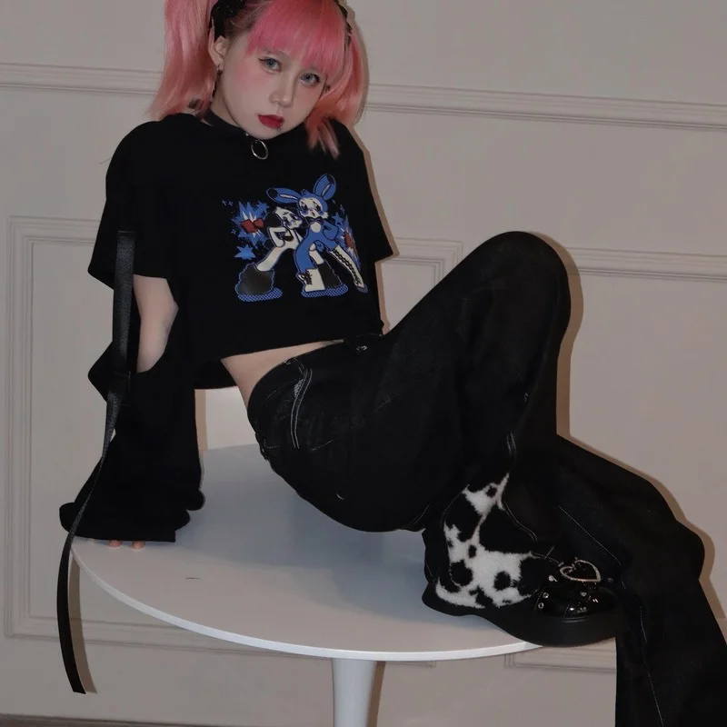 

Y2K Anime Print Hoodie Women Harajuku Aesthetic Patchwork Long Sleeve Sweatshirt Egirl Goth Punk Graphic Pullover Streetwear