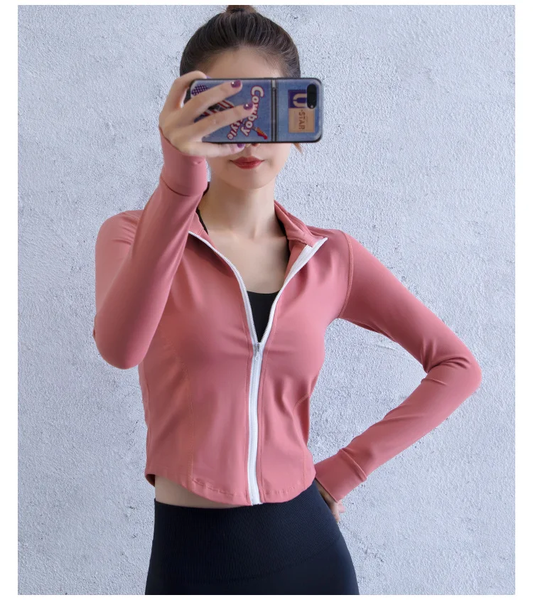 Женский спортивный топ с воротником-стойкой на молнии длинным рукавом | Спорт и