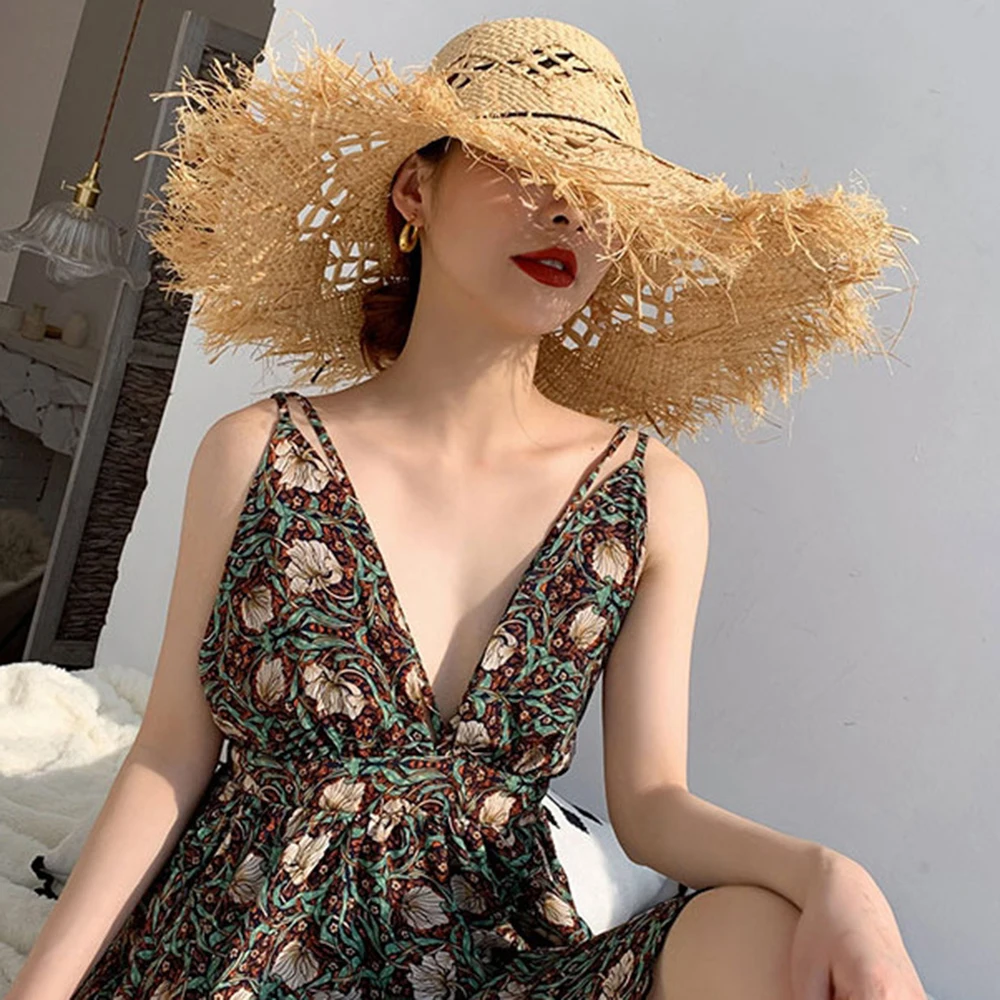 Large Wide Brim Straw Floppy Hat Womens Beach Crochet Raffia Handmade Lady Sun Cap uv protection | Аксессуары для одежды