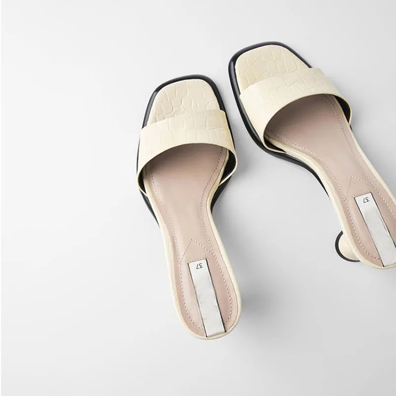 

Женские кожаные шлепанцы, сандалии с квадратным носком, на каблуке, с принтом животных, летняя Брендовая обувь, 2020