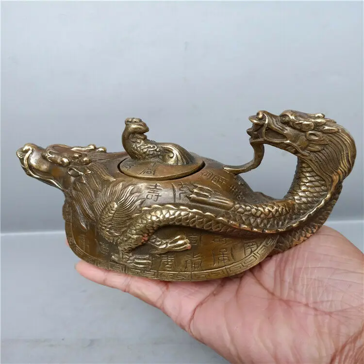 

Rare Kangxi Old Longevity Dragon Turtle Copper Pot Teapot Phoenix Kettle Antique