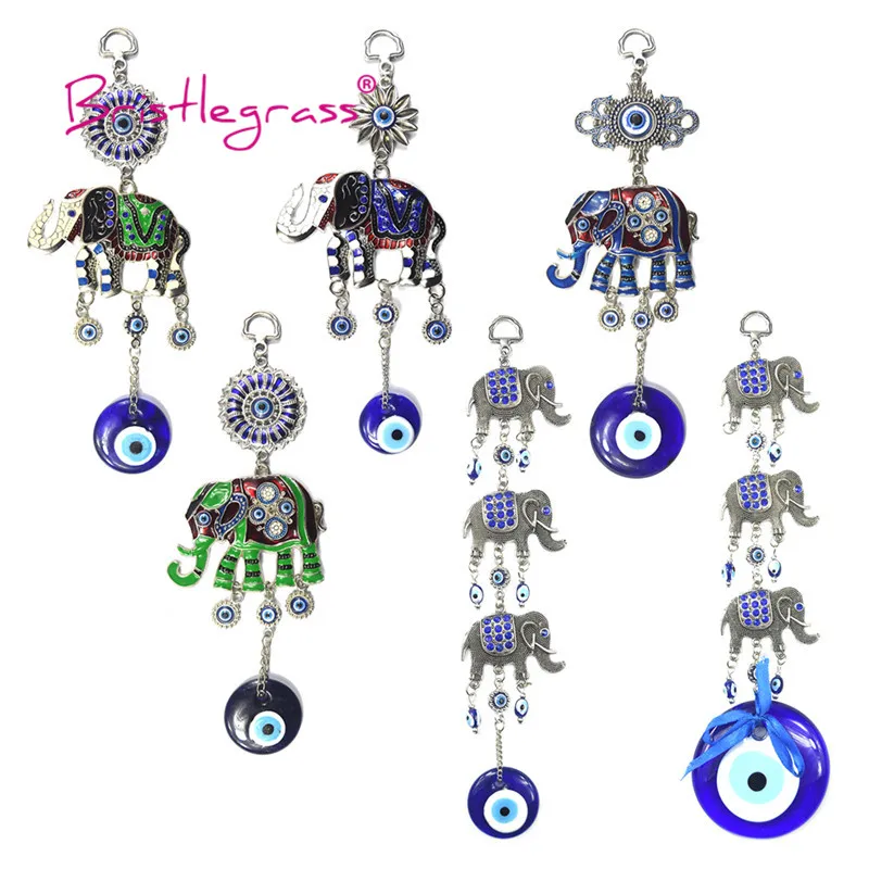 

BRISTLEGRASS Turkish Blue Evil Eye Rhinestone Elephant Amulets Lucky Charms Wall Hanging Pendants Blessing Protection Home Decor