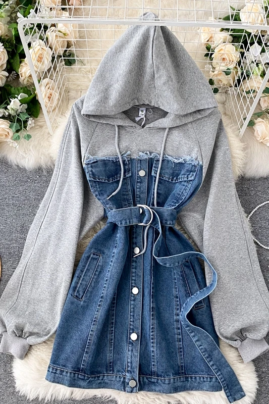 

Korean version of the new hooded sweater denim stitching lace-up waist tooling age-reducing trendy dress