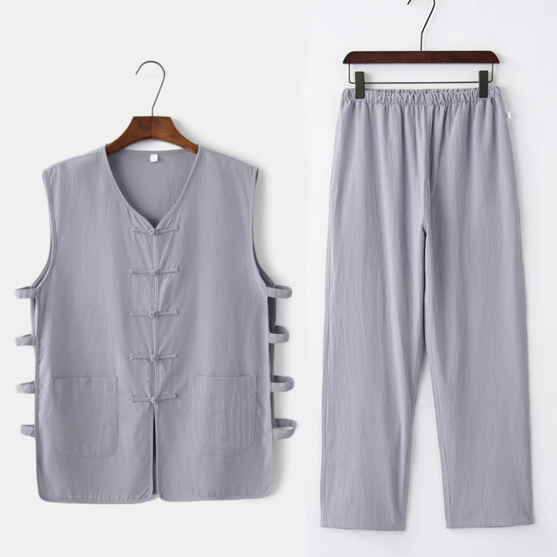 

Men's Cotton Linen Kung Fu Suit Male Sleeveless Wagoner Undershirt+Long Pants Sets Chinese Tang Suit Tai Chi Uniform