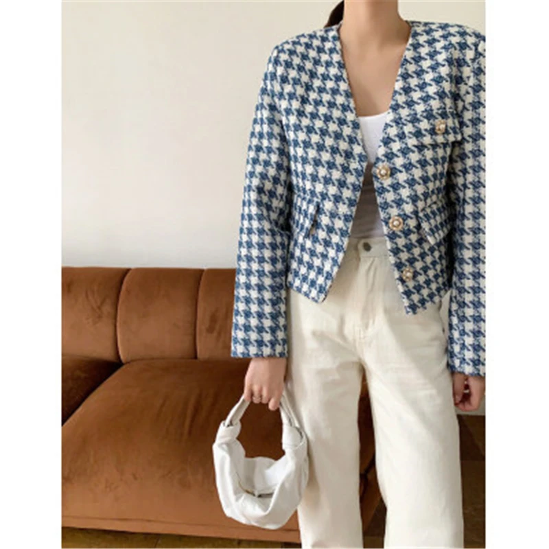

New Women's Houndstooth Short Jackets Fall Korean Elegance V-neck Straight Loose OL Cropped Female's Coats Casual Outwear Tops