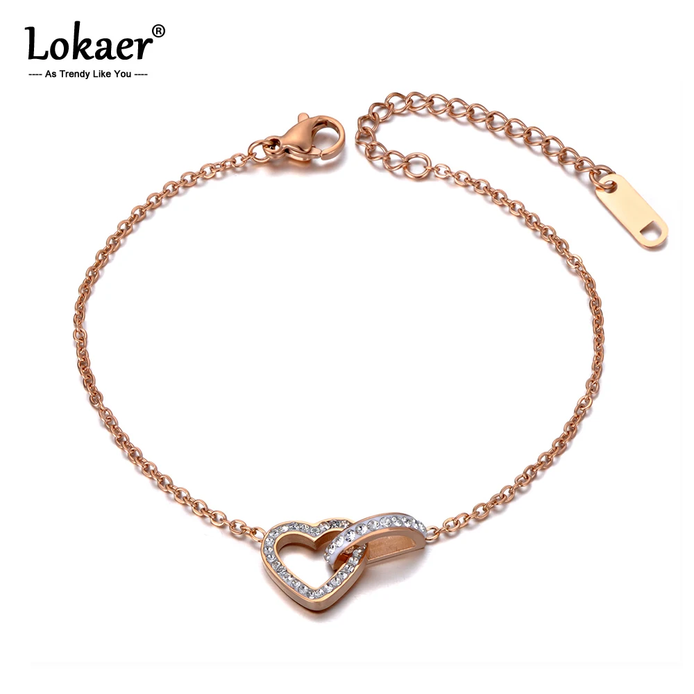 Lokaer модные браслеты из нержавеющей стали с сердечками стразы подвесками для