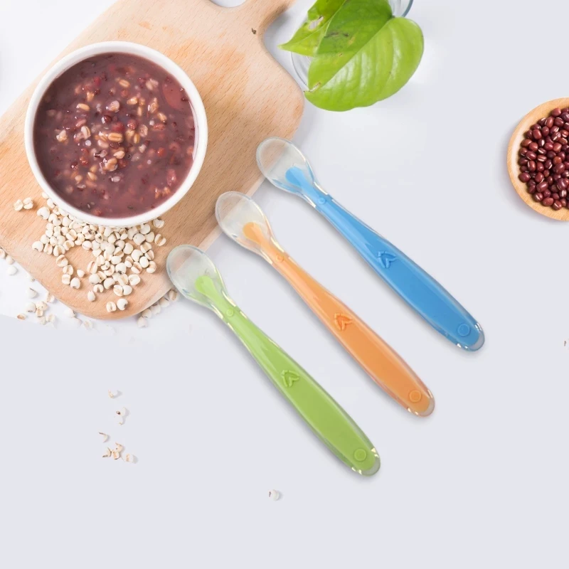 

1PC Utensils Hot Sale Baby Soft Silicone Spoon Candy Color Temperature Sensing Spoon Children Food Baby Feeding Tools