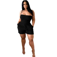 womens casual off shoulder ruched strapless tube jumpsuit drawstring waist shorts romper one piece loose jumpsuit with pockets