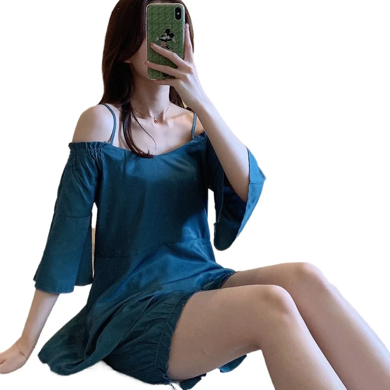 2021 Summer New Women's Pajamas Sets Short Sleeve Cotton Nightgown & Sleepstirts Thin 2Pcs Suit Off Shoulder Home Wear Sleepwear