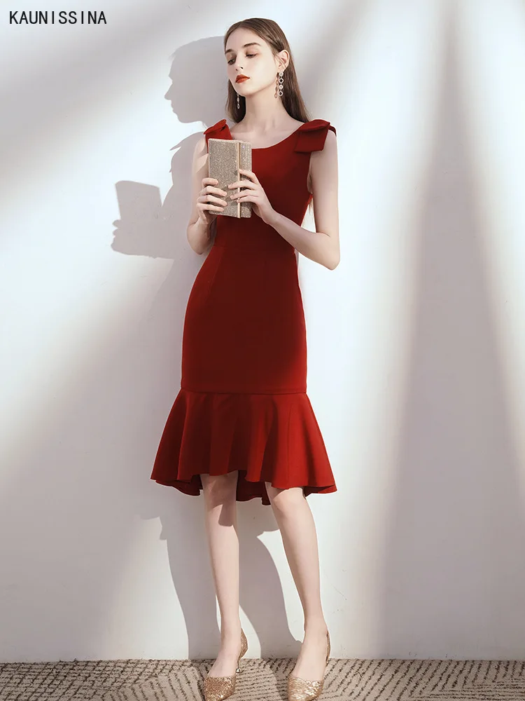 

KAUNISSINA Elegant Mermaid Cocktail Dress Women O-Neck Knee Length Wine Red Formal Dress Ladies Prom Gown Homecoming Vestidos
