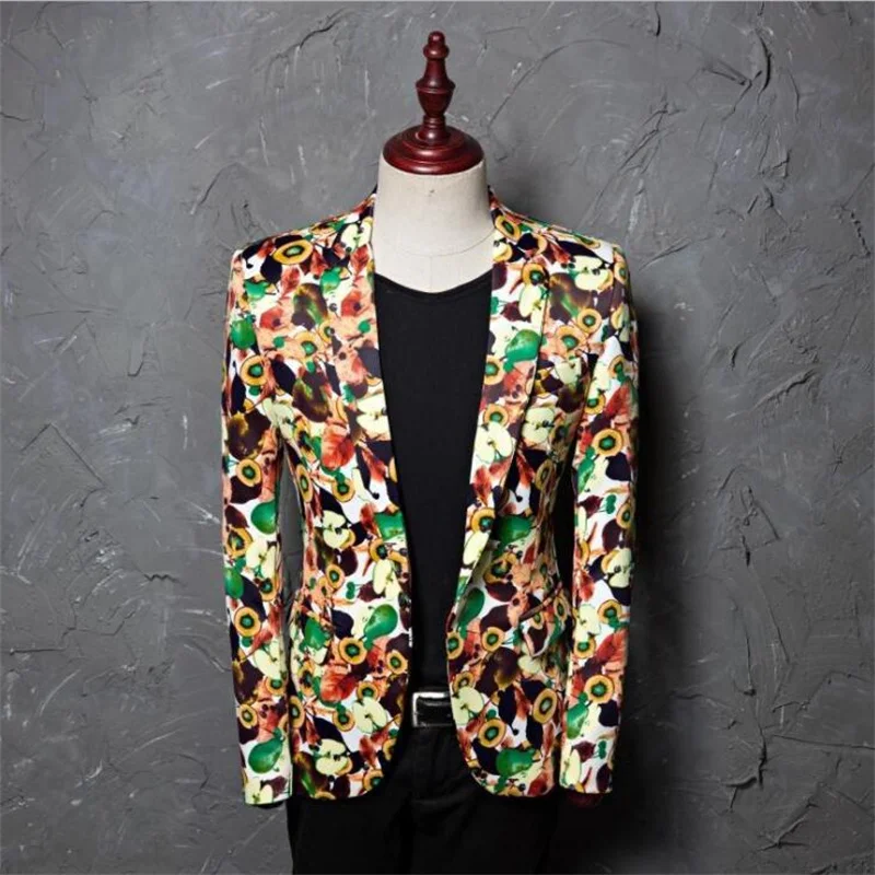 Printed men's suit casual jacket photo studio host hair stylist flower suit stage dress chaquetas y americanas ropa de hombre