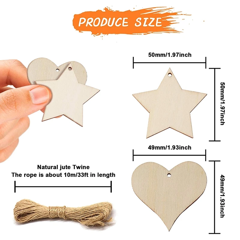 Promotion! 100Pcs 2 Inch Wooden Hearts &amp Stars Shape Slices Blank Tags with Hole Unfinished Wood Cutout Labels DIY Art Craft | Дом и сад