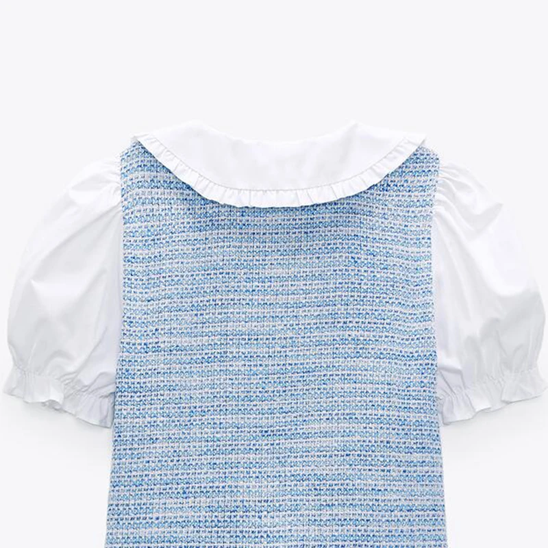 

2021 ZA summer new fashion doll collar stitching texture bubble sleeve shirt short sleeve t-shirt women's RA 1971088 1971/088