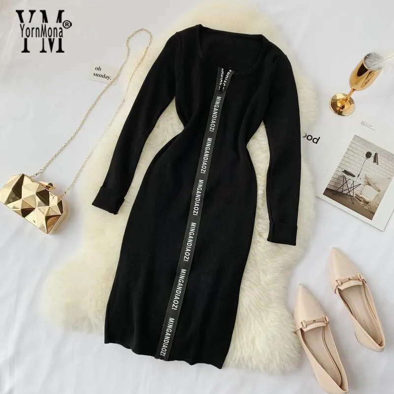 Черный YornMona Women Designer Casual Dress Letter Zipper O-neck Knitted Bodycon Dress Winter Elegant Ladies Office Dress Vestidos - Цвет: Черный