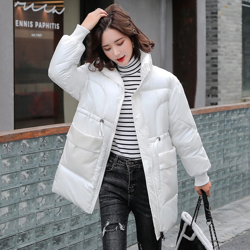 Solid Casual Long Women Winter Parkas Stand Collar Glossy Thick Down Cotton Coat Ladies Shiny Zipper Puffer Jacket with Pockets