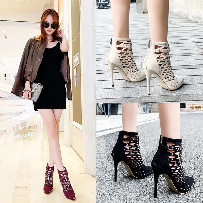 Женские босоножки на шпильке босоножки-гладиаторы с острым носком и заклепками