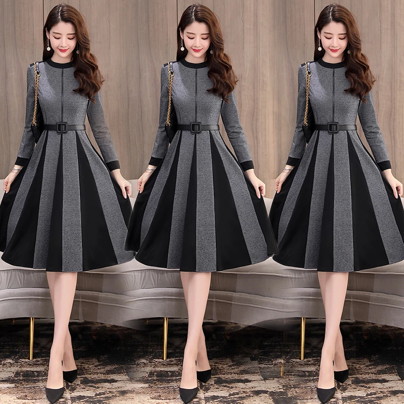 

Новинка весна-осень Женское корейское платье в Корейском стиле с длинным рукавом и поясом на талии длинное платье