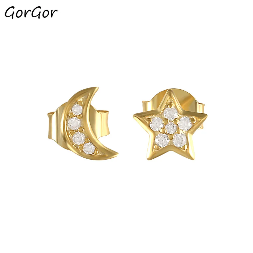 

GorGor Stud Earrings Women 925 Sterling Pattern Star with Moon Asymmetry Individuality Smart Anniversary Jewelry 60202220790