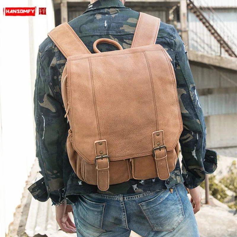 

Men's Backpack Male Shoulder Bag Genuine Leather Schoolbag Men Scrub Leather Leisure Travel Backpacks Original New Vintage
