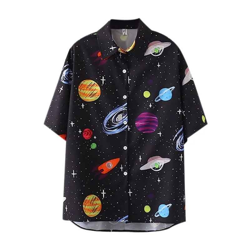 

2021 Summer New Retro Shirt Wild Universe Starry Sky Print Pattern Shirt Loose Shirt One Size