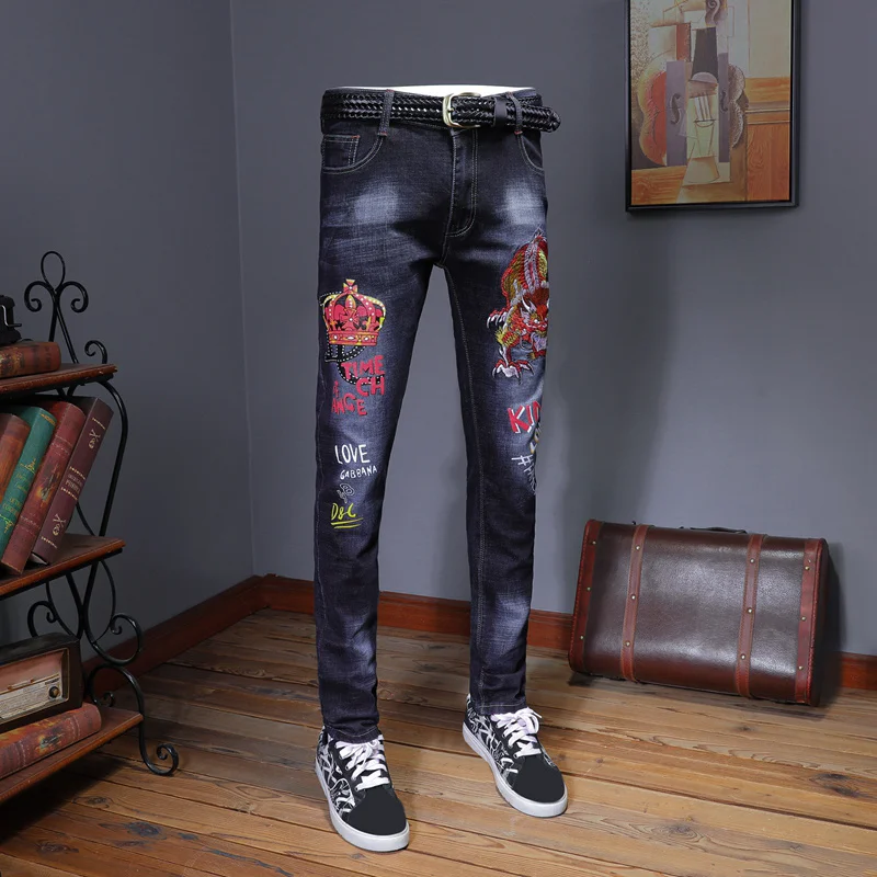 

Мужские винтажные джинсы с вышивкой Erkek Jean Pantolon, модные облегающие прямые джинсовые брюки, джинсы, Мужские обтягивающие джинсы