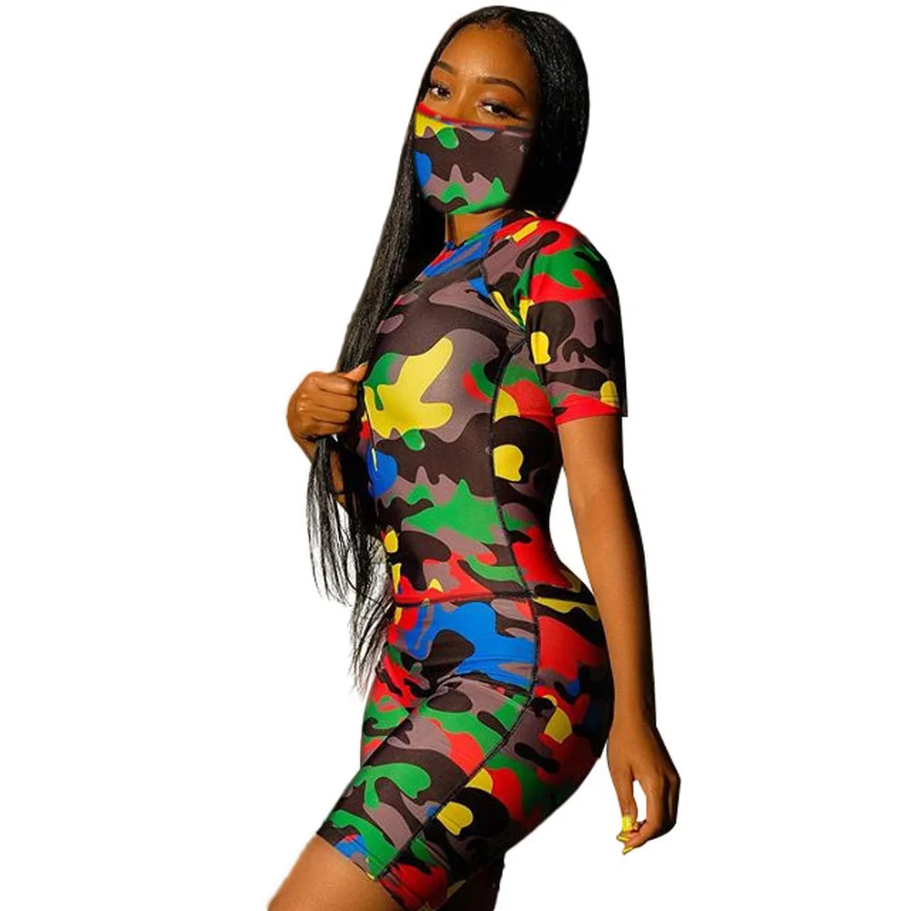 

High Elasit Camouflage Print Two Piece Set With Mask Summer Clothes For Women Zipper Up Short Sleeve T-Shirt And Fitness Shorts