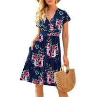 summer new short sleeve pocket loose v neck mid length dress dress summer dresses for women