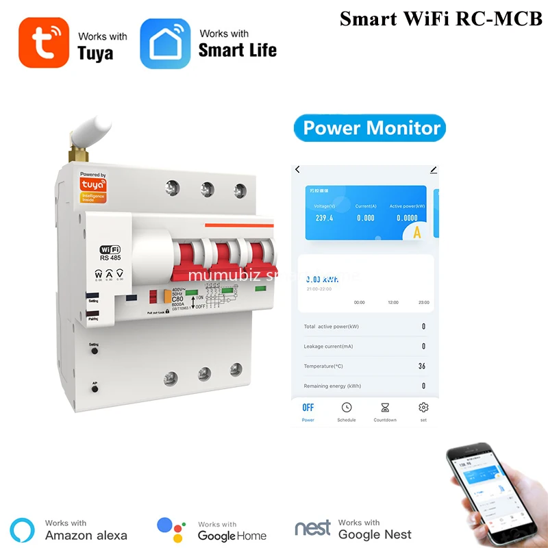 

Умный выключатель Tuya, 3P, Wi-Fi, защита от перегрузки, короткого замыкания, энергопотребление, Совместимость с Alexa RC-MCB