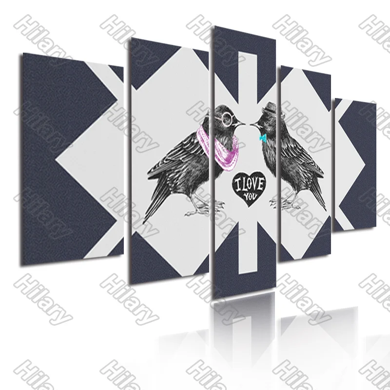 

Poster Animal Black Birds Kiss Canvas Painting 5Pcs Posters Painting Wall Art Decoration for Living Room Frameless Style