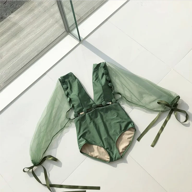 Женский сетчатый слитный купальник привлекательный зеленый с длинными рукавами