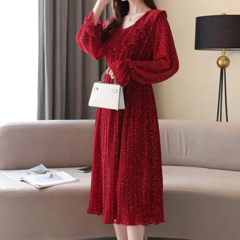 С длинным рукавом 3XL размера плюс платье Весна новая Корейская версия ретро в