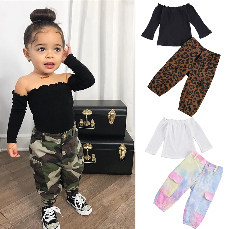 Повседневный костюм для маленьких девочек однотонный эластичный топ с вырезом