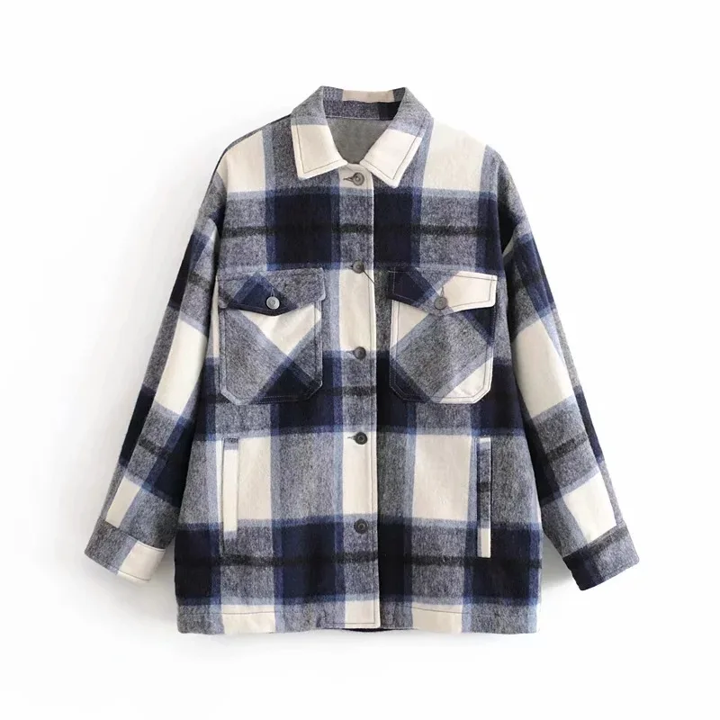 

Vintage Plaid Jacket Coat Women Pockets Lapel Collar Long Sleeve Loose Outerwear Winter New Chic Tops