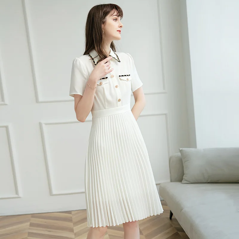 

2021 Summer Elegant Fashion Lady Office Chain Double Pockets Single Breasted Women Short Sleeve Pleated Black White Dress