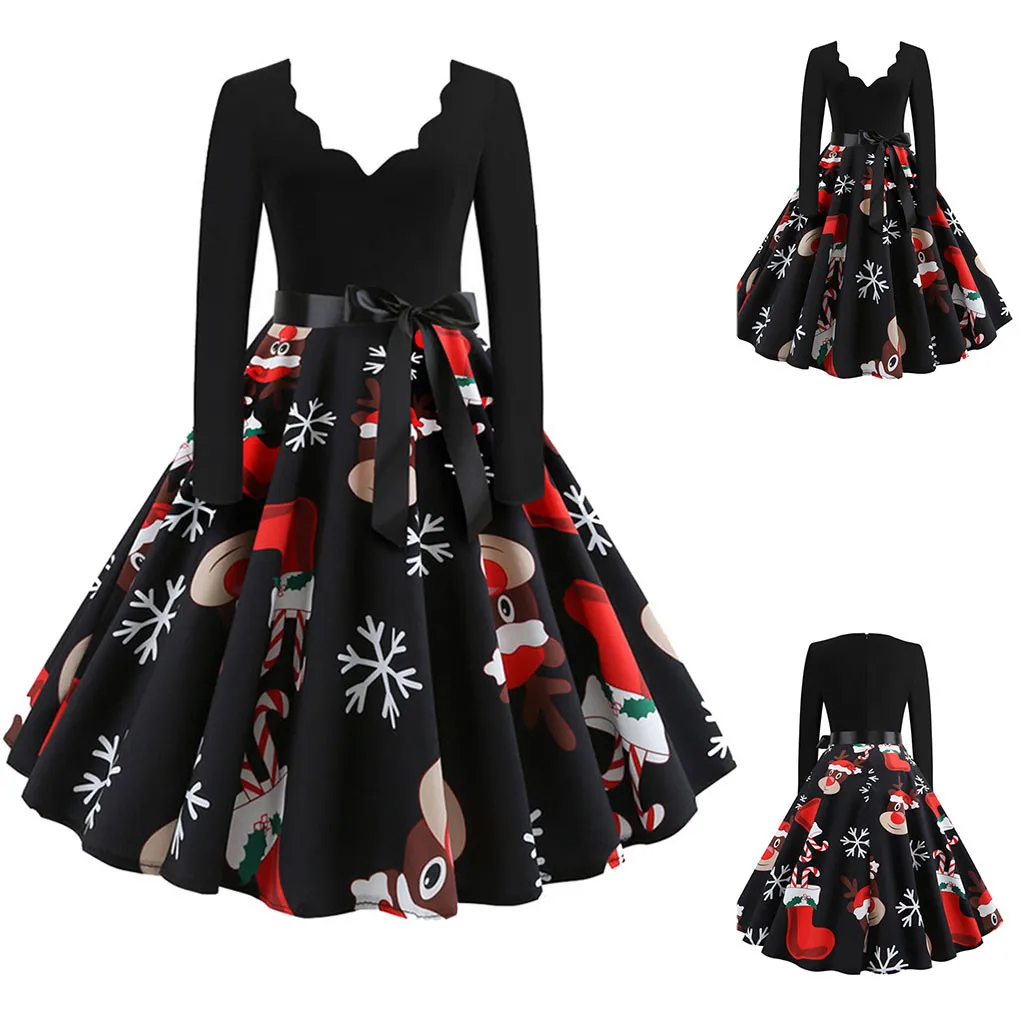 

Women Long Sleeve Christmas Musical Notes Print Vintage Flare Dress Fashion Comfy High Quality Dresses Fast Shipping Платье