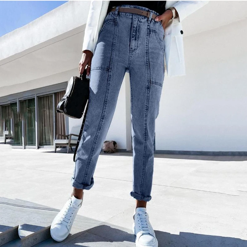 

Fashion Solid Color High Waist Straight Denim Pants Women Elegant Casual Pocket Slim Fit Jeans Trousers Autumn Female Streetwear