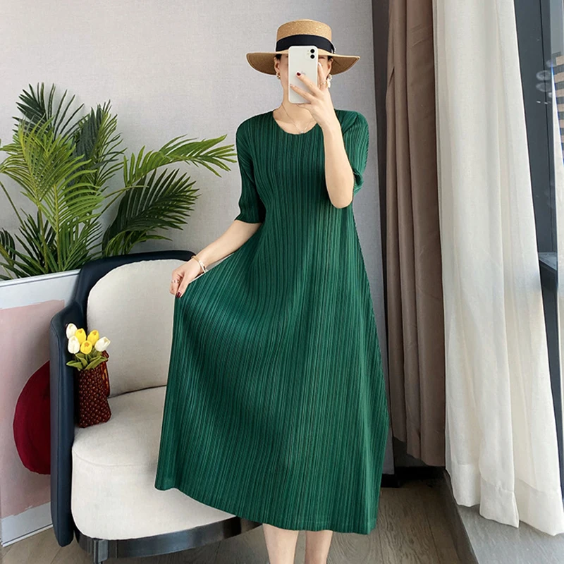 

POPOLLE Pleated Casual Long Skirt 2021 Female Summer New Short-sleeved Ladies Pure Color Simple Loose Dress
