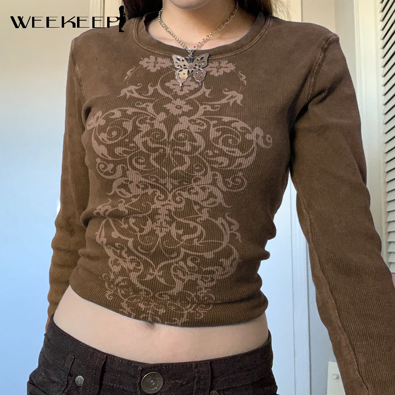 

Weekeep Vintage Print Brown Crop Top Women Elegant Casual Grunge 2000s T-Shirt Autumn Basic Long Sleeve Knitted Outfits Harajyku